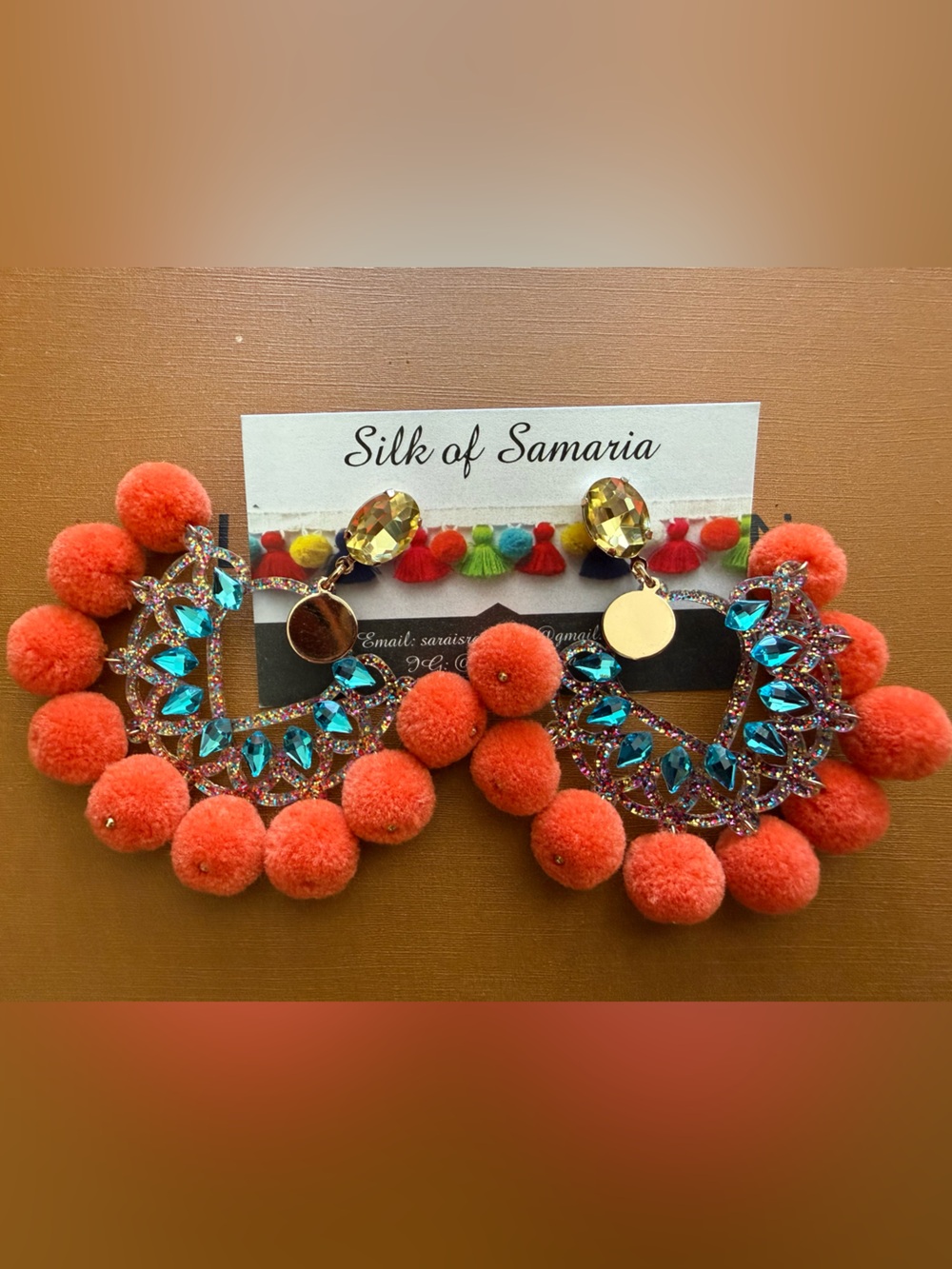 Silk of Samaria Coral Pom-Pom Crystal Drop Earrings